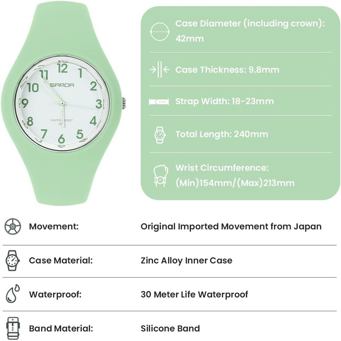 Жіночий годинник: аналоговий кварцовий годинник з силіконовим ремінцем. Спортивний годинник для студентів та дорослих (зелений)