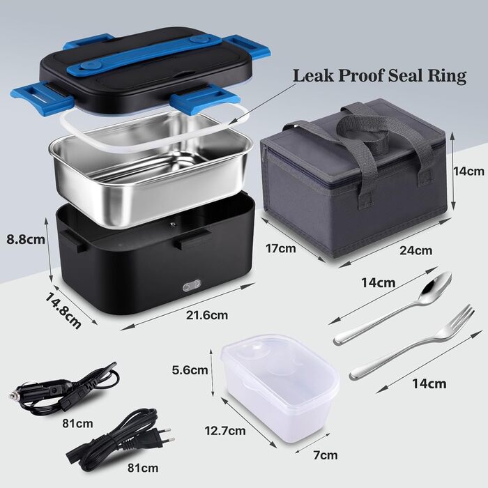 Електрична ланчбокс Kimfead з термоіндикатором, 1.8л, 80W, 12V/24V/230V, для авто/офісу, з сумкою та столовими приборами