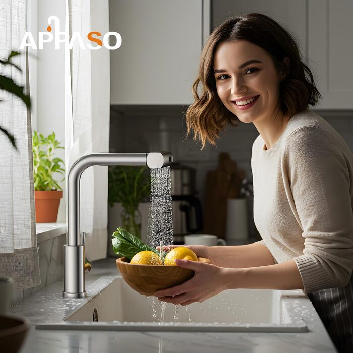 Чорний кухонний змішувач Appaso з висувною лійкою, 360° обертання, 2 режими струменя, для кухні | З нержавіючої сталі, водоспад