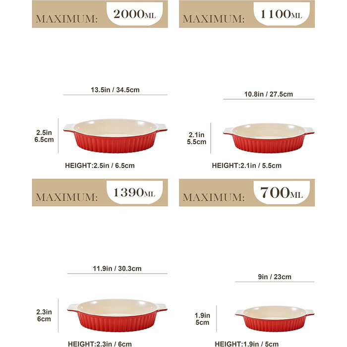 MALACASA Набір форм для запікання Bake.Bake, 4 шт. з кераміки, стійкої до подряпин (червоний)