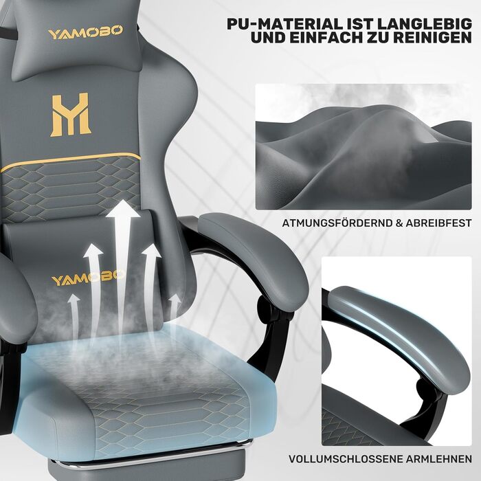 Геймерське крісло Ergonomisch з підлокітниками, підставкою для ніг, подушкою для попереку та голови, регульованою висотою, оббивка PU, сірий колір P-grey
