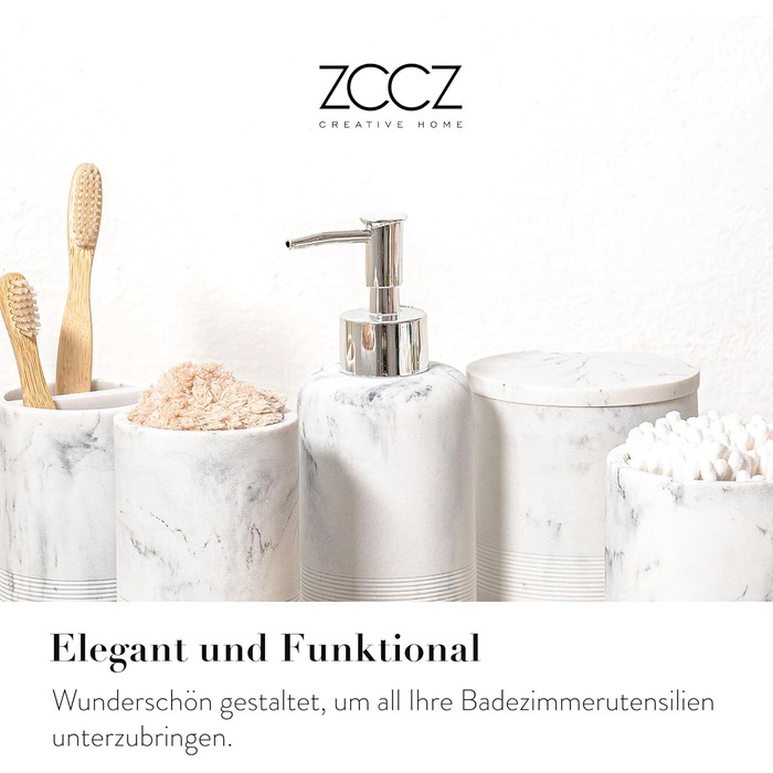 Набір для ванної кімнати ZCCZ – 6 предметів: органайзер для зубних щіток, дозатор мила, миска для косметики та ватних паличок. Елегантний декор з ефектом мармуру, білий колір для стильного оформлення ванної кімнати