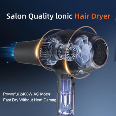 Фен Basuwell Ionen Pro 2100W: Професійний фен для салону краси з іонізацією, 3 режими нагріву, 2 швидкості, насадка-дифузор, AC-двигун, чорний