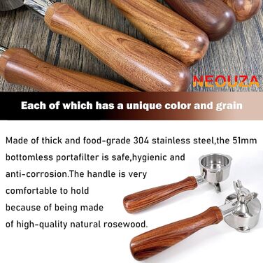 NEOUZA Bottomless Portafilter, 51mm, compatible with Swan Retro, Swan Nordic, Breville VCF149, Gevi, Oster Nova PrimaLatte espresso machines with stainless steel replacement filter basket, wooden handle (dual spout)
