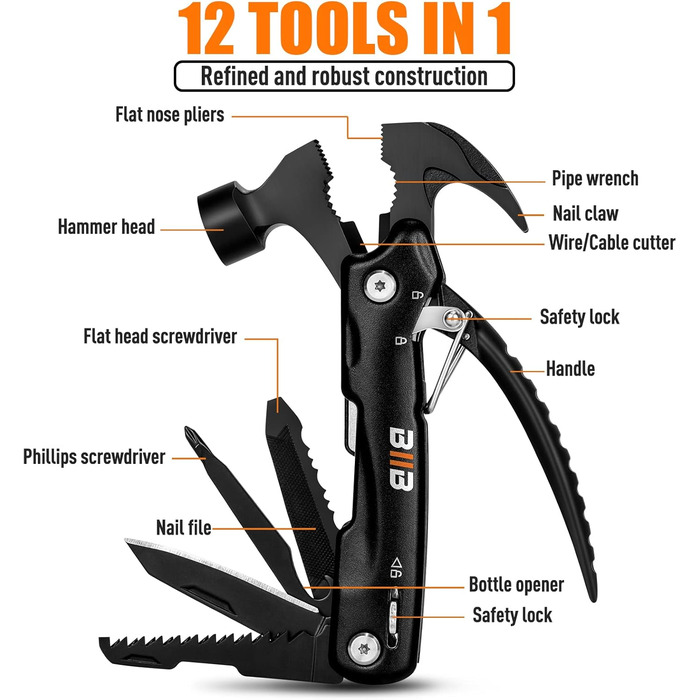 Мультитул BIIB 12-в-1: Подарунок для чоловіків на Різдво, День батька, День народження. Мультиінструмент для кемпінгу, адвент-календаря. Преміум якість, чорний.