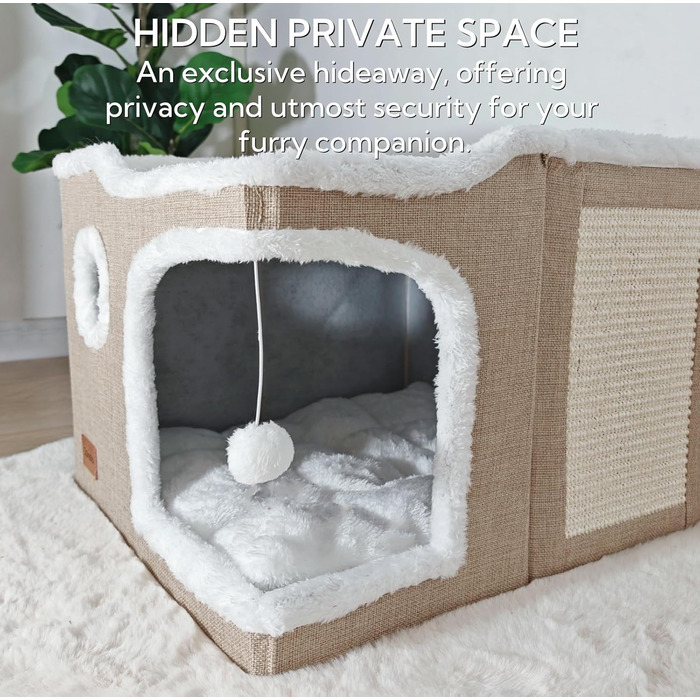 Spindro Cat Cave Cat Bed Large, Cat House Indoor Cat Sleeping Place with Removable Sherpa Cat Cushion and Hanging Toy, Cat Bed, Light Grey 42x42x33cm (2 level (42cmx42cmx33cm), Khaki)