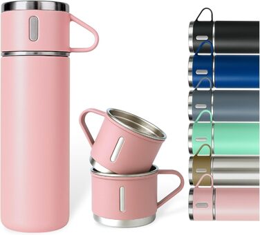 Термофляга 500 мл з нержавіючої сталі – 2 чашки з ручкою – без витоку, BPA-free – з щіткою для чищення – рожева