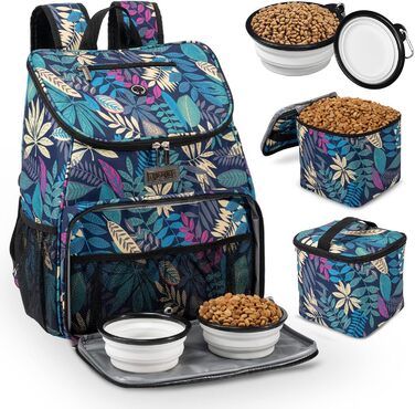 BAGLHER Сумка-переноска для собак, відповідна вимогам авіаперевезень, рюкзак для собак з 2 скласними мисками та 2 контейнерами для корму (Hawaii-A, Classic)