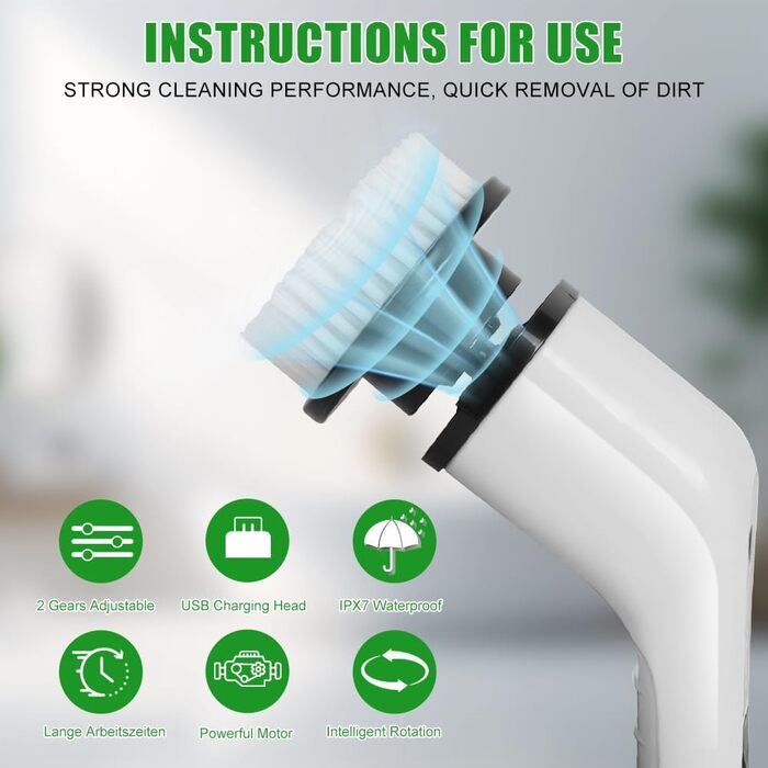 Електрична щітка для чищення OSDUE з 7 насадками, бездротова, водонепроникна IPX7, для ванни та плитки, з регульованою ручкою 137 см, біла