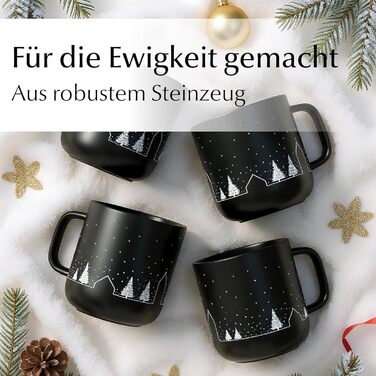 Набір з 4 чашок MIAMIO для святкування Різдва, 500 мл, чорний колір / Кавові чашки на Різдво, мінімалістичний зимовий мотив, подарунок на Різдво, безпечні для миття в посудомийній машині та використання в мікрохвильовій печі – Vinter Collection
