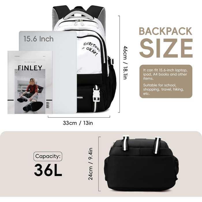 Шкільний рюкзак для підлітка, 36L, для дівчаток 3-9 клас, великий стильний рюкзак для ноутбука 16 дюймів, чорний, підходить для візка
