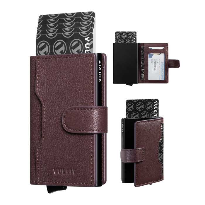 Чоловіче картхолдер VULKIT з RFID блокуванням, з металевою конструкцією, 3 відділення для кредитних карт та віконцем для посвідчення, компактний гаманець з магнітною застібкою, червоне шкіряне покриття (справжня шкіра Litchi Espresso)