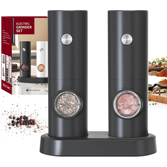 CIRCLE JOY Мельниці для солі та перцю електричні, набір 2 шт., чорні, з підставкою, світлодіодне підсвічування, регулювання помелу, об'єм 70 мл