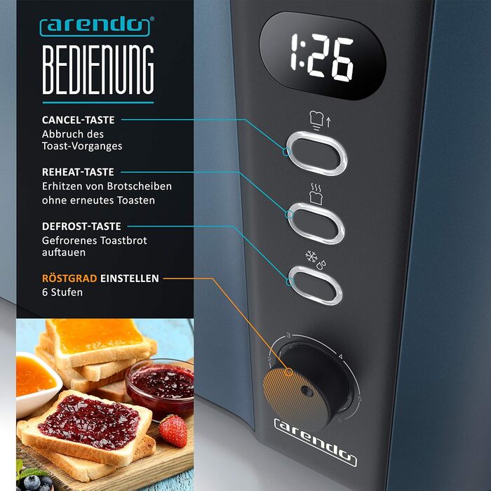 Тостер Arendo з нержавіючої сталі, 4 слоти, підігрів, підігрів тостів, підставка для бургерів, зйомка крихт, дисплей, темно-синій
