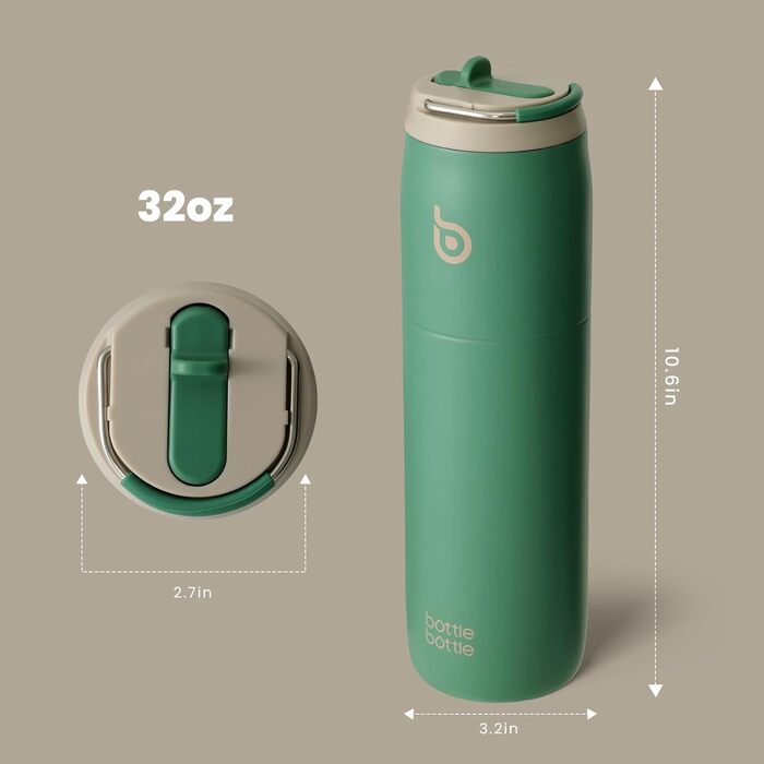 bottlebottle BOTTLE Insulated Water Bottle Stainless Steel 32oz (946ml) with Straw Handle for Sports, Travel, Gym, Double-Walled Leak-Proof, BPA-Free (Green)