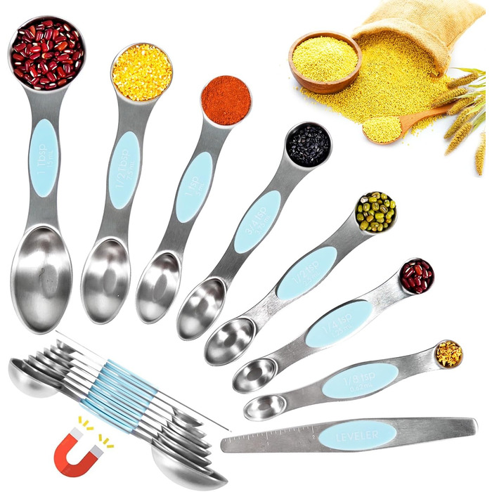 Recogwood 18-Piece Measuring Cup and Spoon Set, includes 10 stackable measuring cups with lids and 8 magnetic measuring spoon set for liquids and dry ingredients, BPA-free (blue)