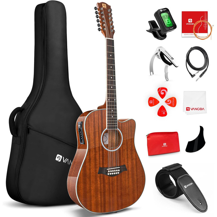 Електроакустична гітара Vangoa 12-струнна, 41 дюйм, коричнева, з підсилювачем та 4-х смуговим ЕQ