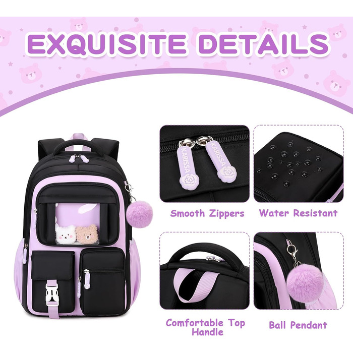 Дитячий рюкзак для дівчаток - шкільні сумки для учнів середньої школи - рюкзак для початкової школи, чорний та фіолетовий