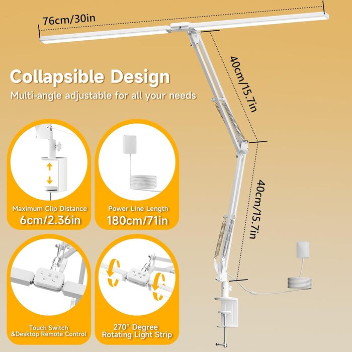 SKYLEO LED Desk Lamp with Dual Heads, Remote Control, Clamp-On, 2400 Lumens, 24W, 5 Color Temperature Modes, Timer & Memory, Easy Installation - For Office, Reading, 76cm Lamp Length with Clamp
