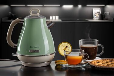 Ariete Vintage Green Electric Kettle - 1.7L Stainless Steel, 2000W, 360° Swivel Base, Automatic Shut-Off, Tea Infuser