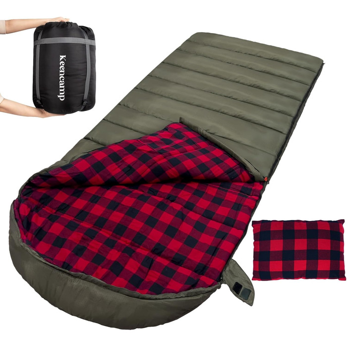 Сплячий мішок Keencamp Flanell Warmer для кемпінгу, 3-4 сезони, бавовняна підкладка, до -1°C, XXL, 230x90 см (зелений, Zip)