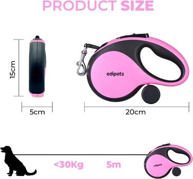 Hundeleine Edipets висувна та звичайна, 5 м, 8 м, для собак маленьких, середніх та великих порід, для прогулянок та тренувань (зелений, рожевий)