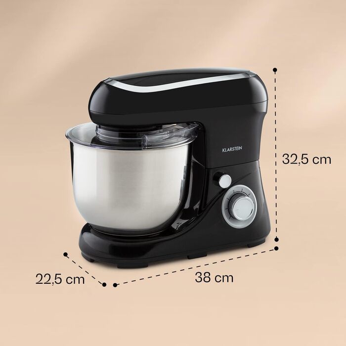 Klarstein 1300W Stand Mixer - Kitchen Machine for Baking, 6-Speed, 5L Bowl, Planetary Mixer with Dough Hook, Whisk & Beater - Black