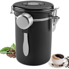 Герметичний контейнер для кави з нержавіючої сталі 304, 1,8 л, з ложкою та індикатором свіжості. Підходить для кави, чаю, горіхів, какао. Чорний колір.