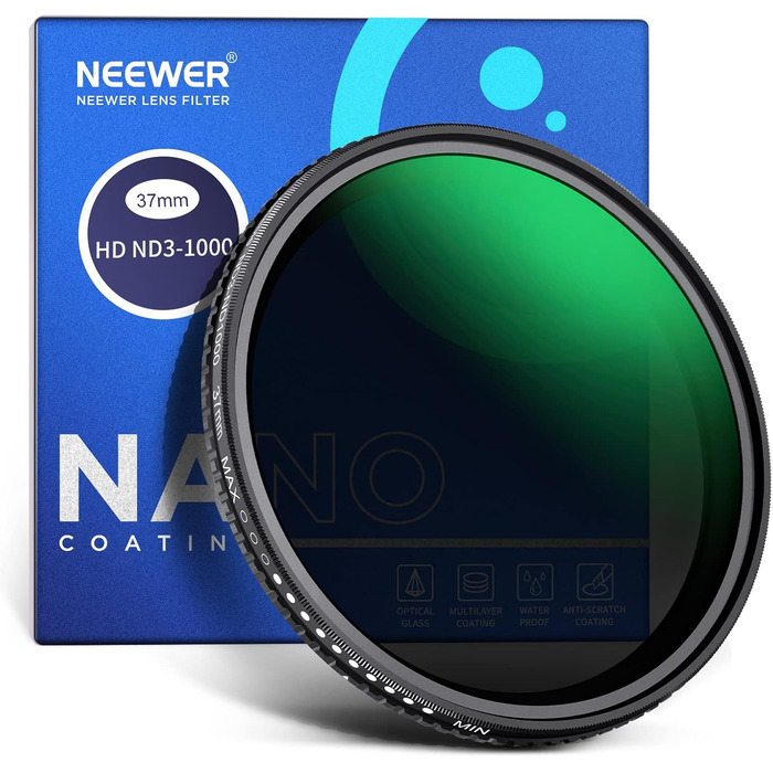 Фільтр ND3-ND1000 Neewer (37 мм) з регульованою щільністю, HD-скло, подвійне покриття, водонепроникний, стійкий до подряпин