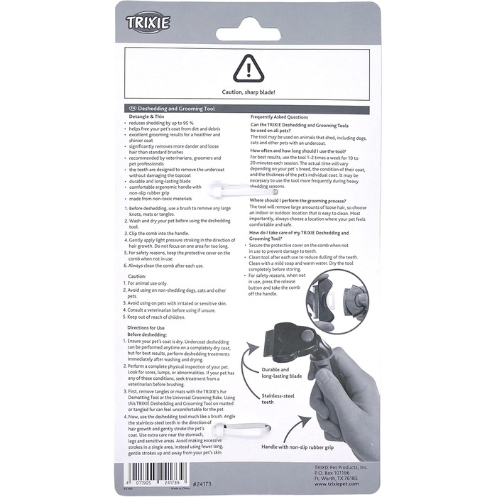 Тріксі Щітка для вичісування та розрідження шерсті для короткошерстих та жорсткошерстих собак та котів - змінний головка, лезо з нержавіючої сталі, гумовий пластиковий ручка, чорний/синій, 7 x 15 см, для маленьких собак та котів