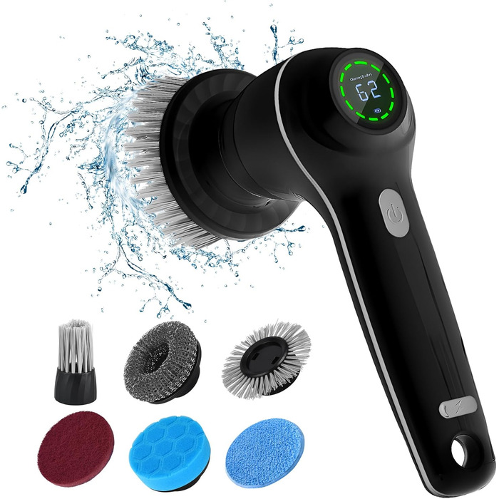 CkeyiN Electric Cleaning Brush, Cordless Grout Cleaner with 7 Replaceable Brush Heads for Bathroom, Car, and Kitchen, Handheld Power Spin Scrubber Grout Brush With LED Display, 2 Modes, Black