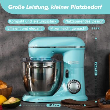 Кухонна машина Küchenmaster 6L, 1300W, з набором насадок (міксер, гак для тіста, вінчик), темно-зелений/синій