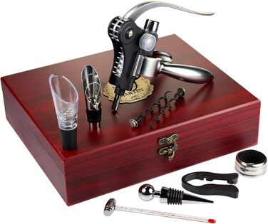 Набір сомельє AMAVEL з 10 аксесуарів для вина, подарункова коробка з дерева з табличкою та персоналізованою гравіюванням компаса, ідеальний подарунок для поціновувачів вина