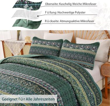 WONGS BEDDING Bedspread 220x240 Bed Throw Bohemian Quilt Steppdecke 3-Piece Double Bed Quilted Bedspread Microfiber Throw Blanket with 2 Pillowcases 50x70 for Bedroom as Sofa Throw (Bohemian) (200x220 cm, Dark Green)