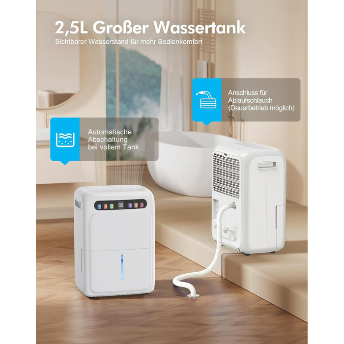 Електричний осушувач повітря з функцією сушіння білизни, тихий, з автоматичним контролем вологості, таймером, шланг 1м, для квартири до 120 м³, гарантія 10 років (20л)