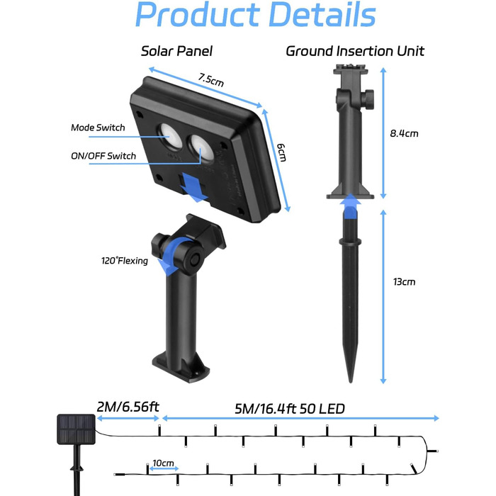 Сонячна гірлянда для зовнішнього використання, 120 LED, холодне біле світло, 8 режимів, для саду, двору, тераси, весільної декоратації, вологостійка (5м, холодне біле світло)