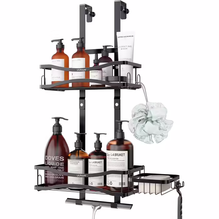 Uuliyer Shower Shelf for Hanging with Soap Holder, Shower Shelf No Drill for Bathroom Door, Shampoo Shower Gel Holder for Shower, Black (Style B)