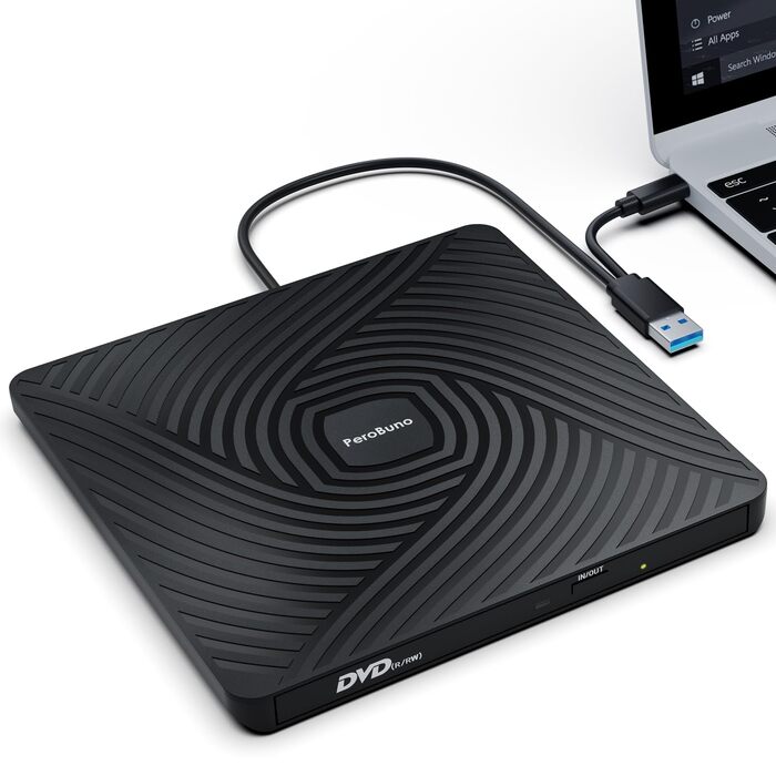 Зовнішній DVD-накопичувач PeroBuno USB 3.0 Type-C, CD ROM +/-RW оптичний привід, ультратонкий DVD-записувач та плеєр для ноутбука, PC, MacBook (Windows, Linux, macOS)