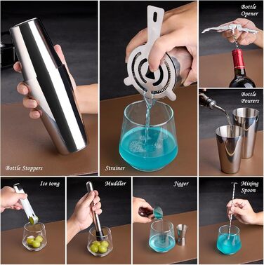 Набір шейкер для коктейлів Barkeeper-Kit: 15-ти частинний набір барного інвентарю з акриловим підставкою. Ідеально для приготування напоїв вдома, в барі, на вечірках. Срібний колір.