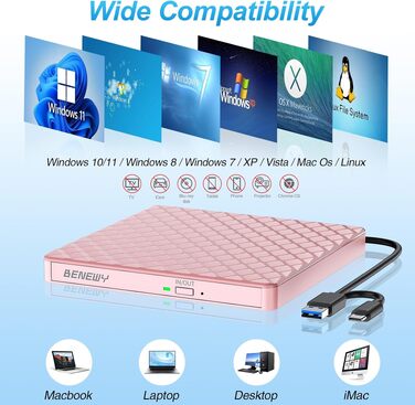 Зовнішній DVD-привід USB 3.0 та USB-C, CD/DVD гравір для ноутбука та ПК (Windows, Mac OS, Linux), Рожевий