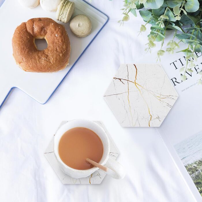 Marble-Style Coasters, Set of 6 - Drink Coasters for Wood Table with Metal Holder - Gold-Colored Ceramic Cup Set - Rustic Home Decor, Room Decor, Party (Luxury White Gold Marble 05)