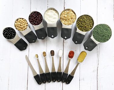 Magnetic kitchen collection of 14 measuring cups and spoons set made of stainless steel for dry and liquid ingredients, dishwasher safe, rust-proof, imperial and metric (black color)