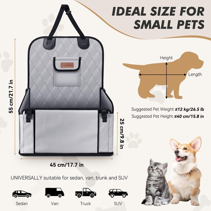 Автокрісло для собак: стабільне, водонепроникне, з підсиленими стінками та ременями безпеки, сіре