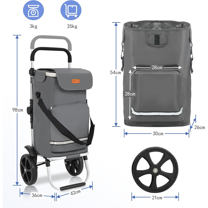 Складаний візок для покупок Sekey 60L з алюмінію, 3-в-1, з кулерним та відділенням для напоїв, для покупок та кемпінгу (сірий)