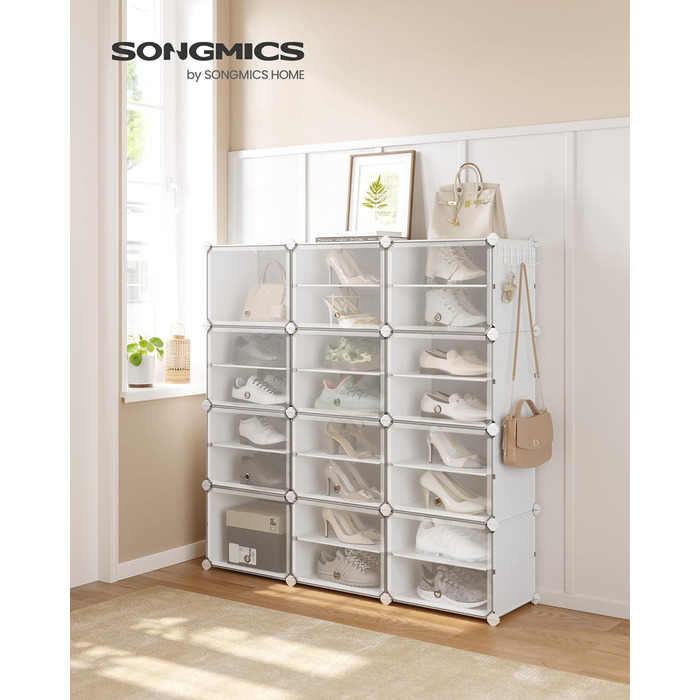 SONGMICS 10-Tier Shoe Rack, Shoe Cabinet, 30 x 40 x 30 cm per compartment, slim, with doors, steel frame, plastic, for hallway, bedroom, entrance area, LPC035B01 (12 compartments (124.4B x 124.6H cm), White)