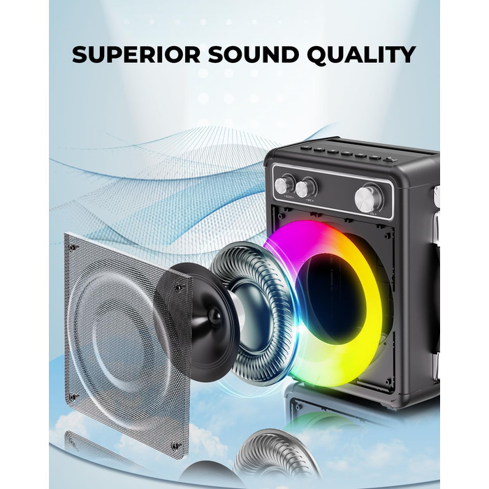 BONAOK Караоке Мікрофон для Дорослих, Портативна Караоке Машина з Bluetooth, 2 Мікрофони, 15 Вт, Підсвітка, Чорний T03