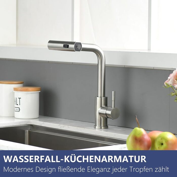 Кухонний змішувач AIMADI висувний з 3-ма режимами, з душовою насадкою, 38 см, однорідний, для холодної та гарячої води, для раковини та кухонного острова, з нержавіючої сталі, водоспад, матовий нікель