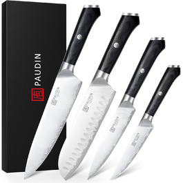Набір кухонних ножів PAUDIN 4 шт: кухонний ніж, саторі, універсальний ніж, ніж для овочів. Професійний, гострий, з нержавіючої сталі 10Cr15CoMoV (твердість 62 HRC), з ергономічною дерев'яною ручкою