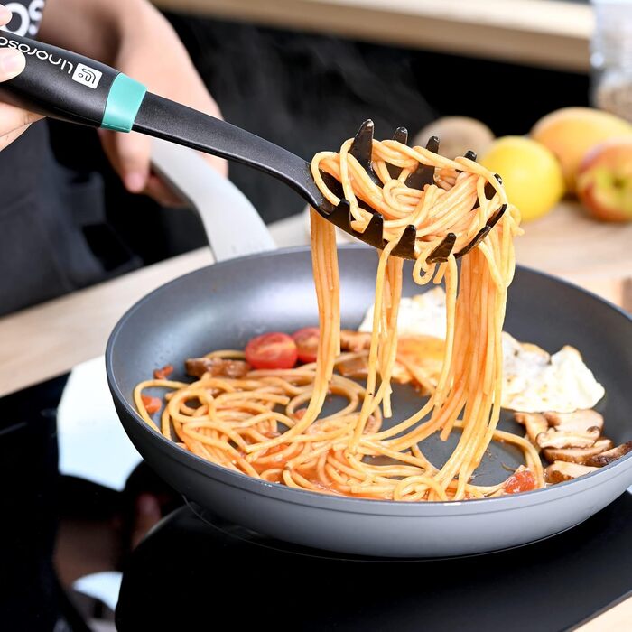 Linoroso Cooking Spoon Set - 6-Piece Nylon Kitchen Utensils - Cooking Utensils, Cookware, Cooking Utensils Set with Swivel Stand and Innovative Weighted Handle - Black & Peacock Green