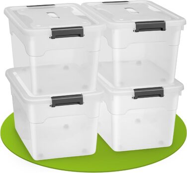 JUSKYS Storage Box with Lid - Set of 4 Plastic Boxes 45L - Large Box, Stackable, Transparent - Storage Organization System Storage Boxes (Set of 4 - 60 Liters)